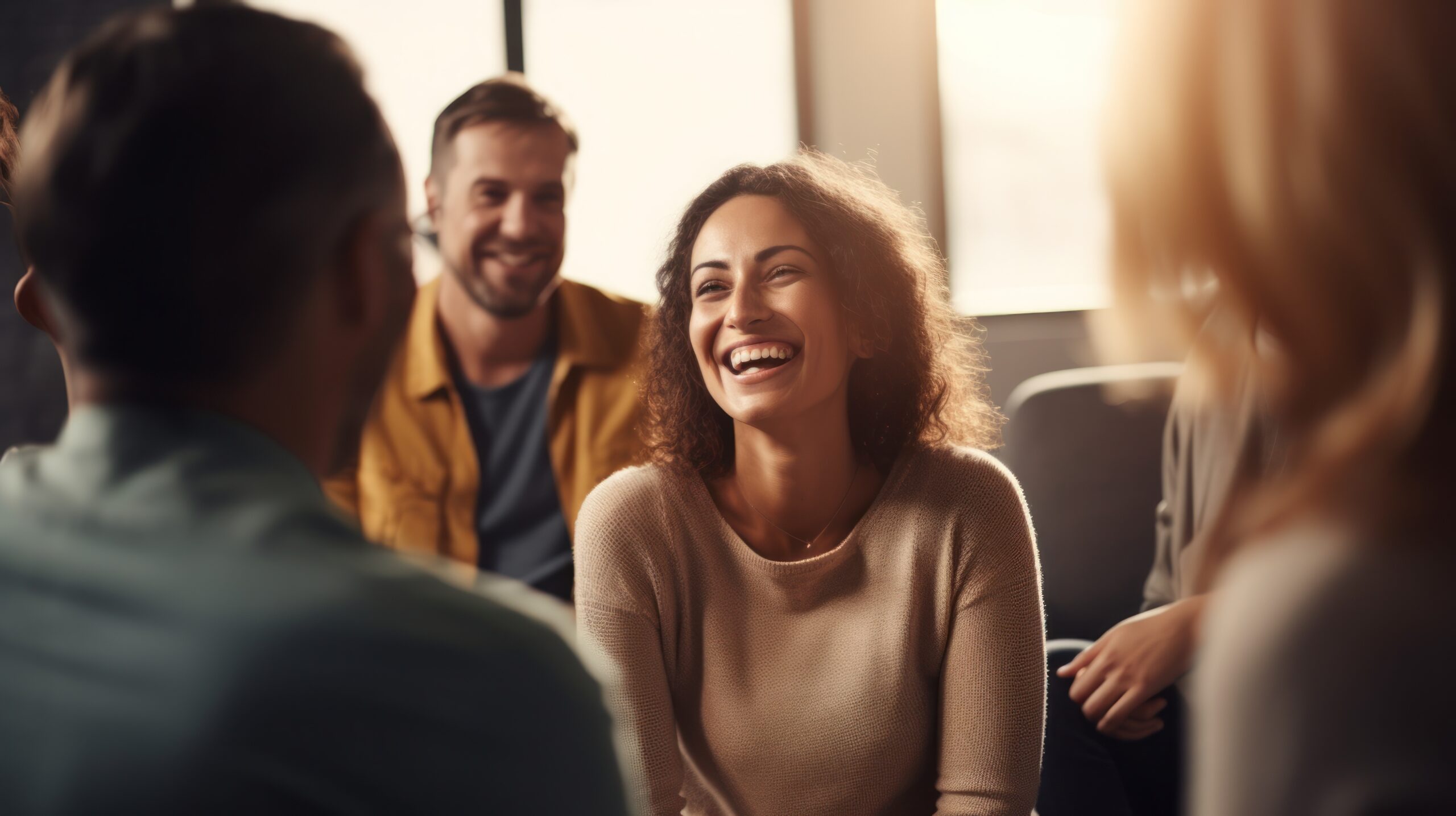 Group therapy session with smiling woman, promoting a positive environment for anxiety treatment Group therapy session with a smiling woman, promoting a positive environment for anxiety treatment